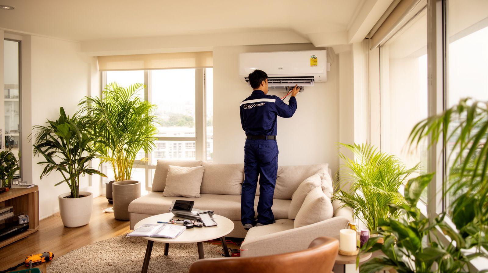 CoreKit technician servicing a wall-mounted air conditioner in a Malaysian condominium