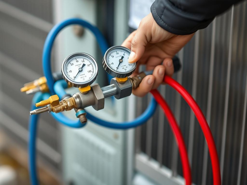 Refrigerant pressure gauges connected to a compressor