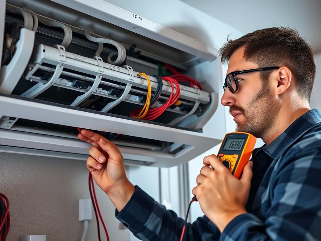 Technician diagnosing an aircon circuit board